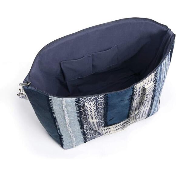 Demdaco Weekender Indigo Blue Stripe 23 x 15 Recycled Denim Fabric Duffel Bag - Picture 6 of 9